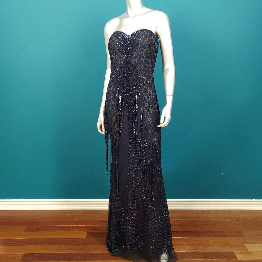 🆕️ 🎬 GODDIVA Art Deco Lace & Sequin Fringe Maxi Dress // (NWT)